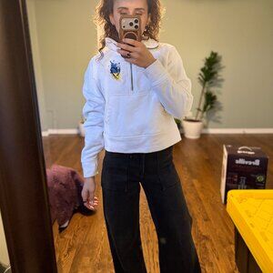 White Cropped Quarter-Zip Sweatshirt with Blue & Yellow Embroidered Heart – S